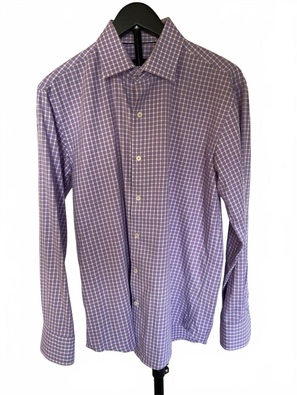 Bugatchi Stretch Lavender White Plaid Button Down Dress Shirt Large 16 34/35